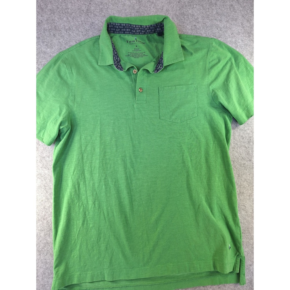 Tailor Vintage Mens Green Short Sleeve Polo Shirt Pineapple Trim Size M